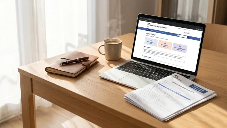 Bureau lumineux avec documents administratifs et ordinateur pour une demande d'allocation chômage en 2026