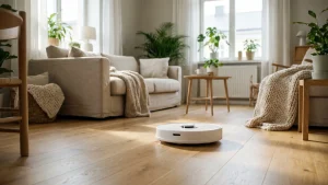 Aspirateur robot nettoyant un salon scandinave lumineux en 2026