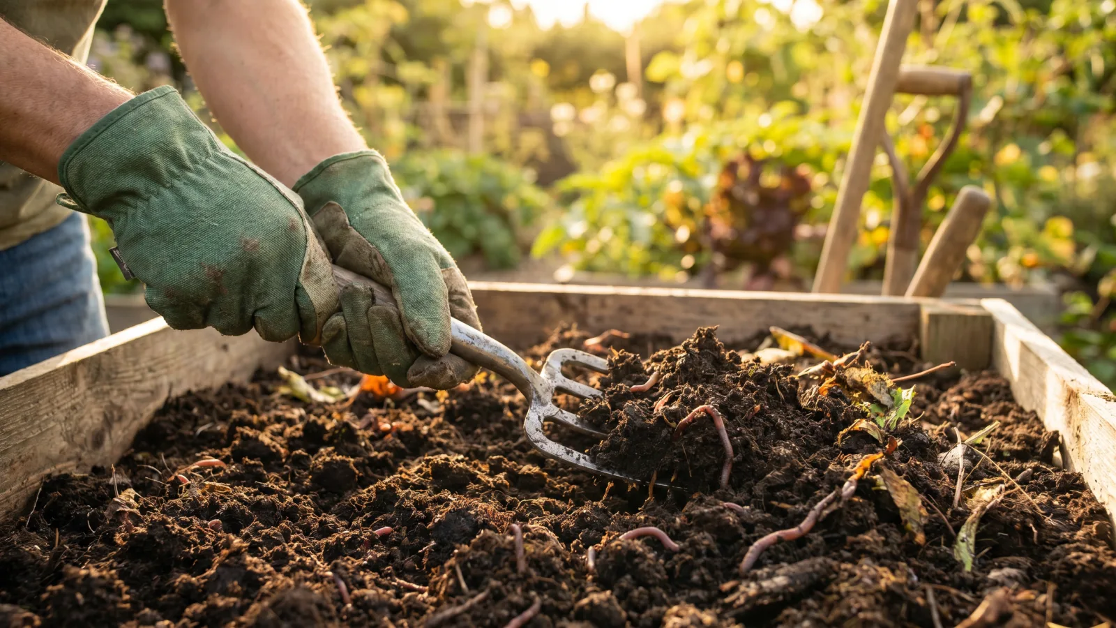 Mains gantées retournant un compost mûr riche avec des vers de terre