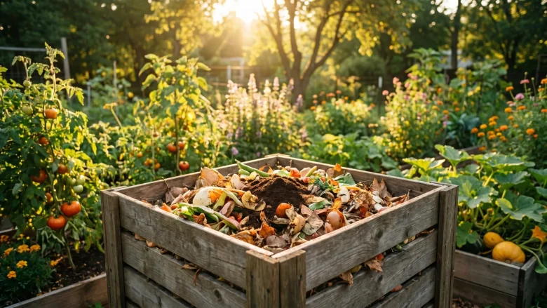 Composteur en bois dans un jardin ensoleillé rempli de déchets organiques