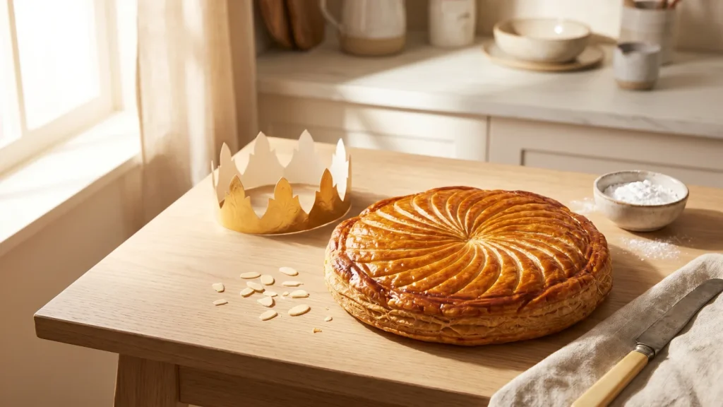 Galette des rois dorée à la frangipane sur table en bois clair