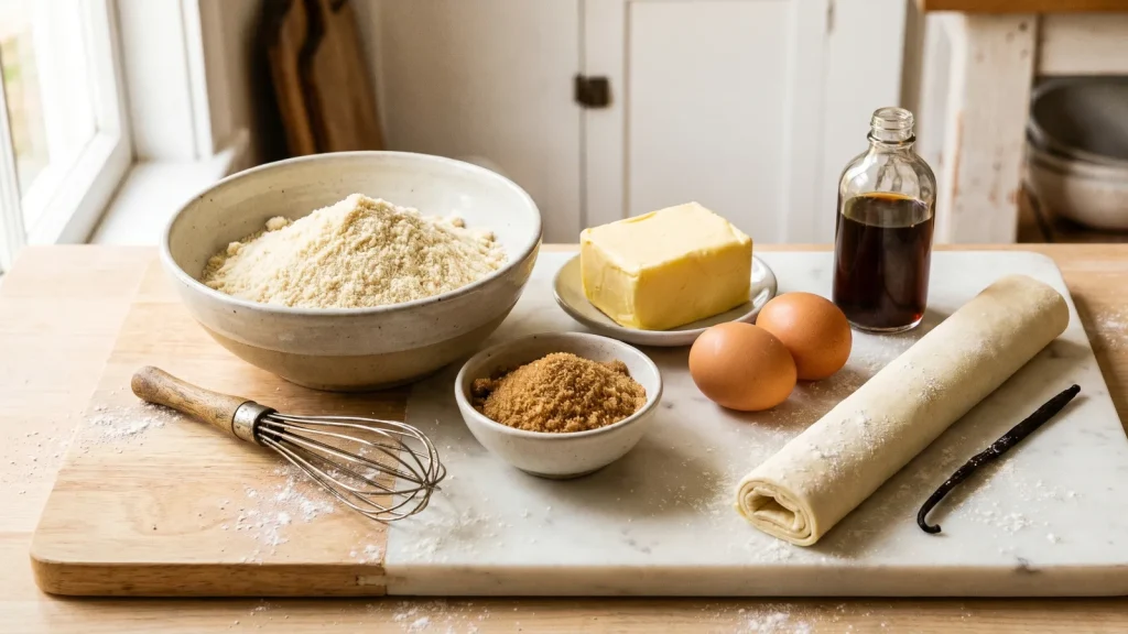 Ingrédients de la frangipane : poudre d'amandes, beurre, sucre et œufs