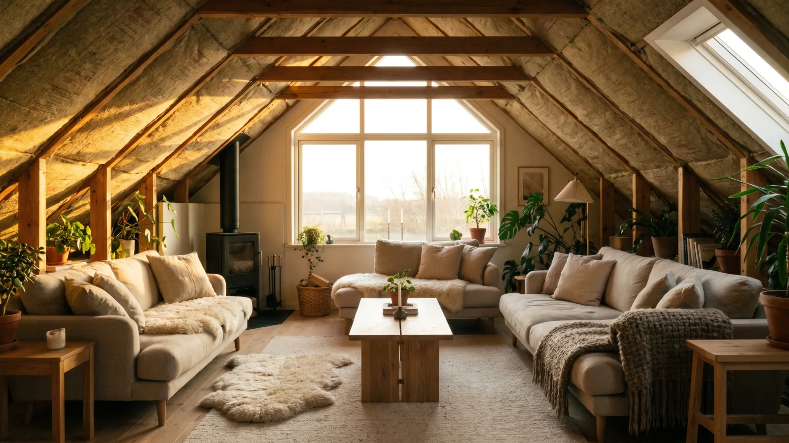 Salon lumineux et chaleureux sous des combles bien isoles