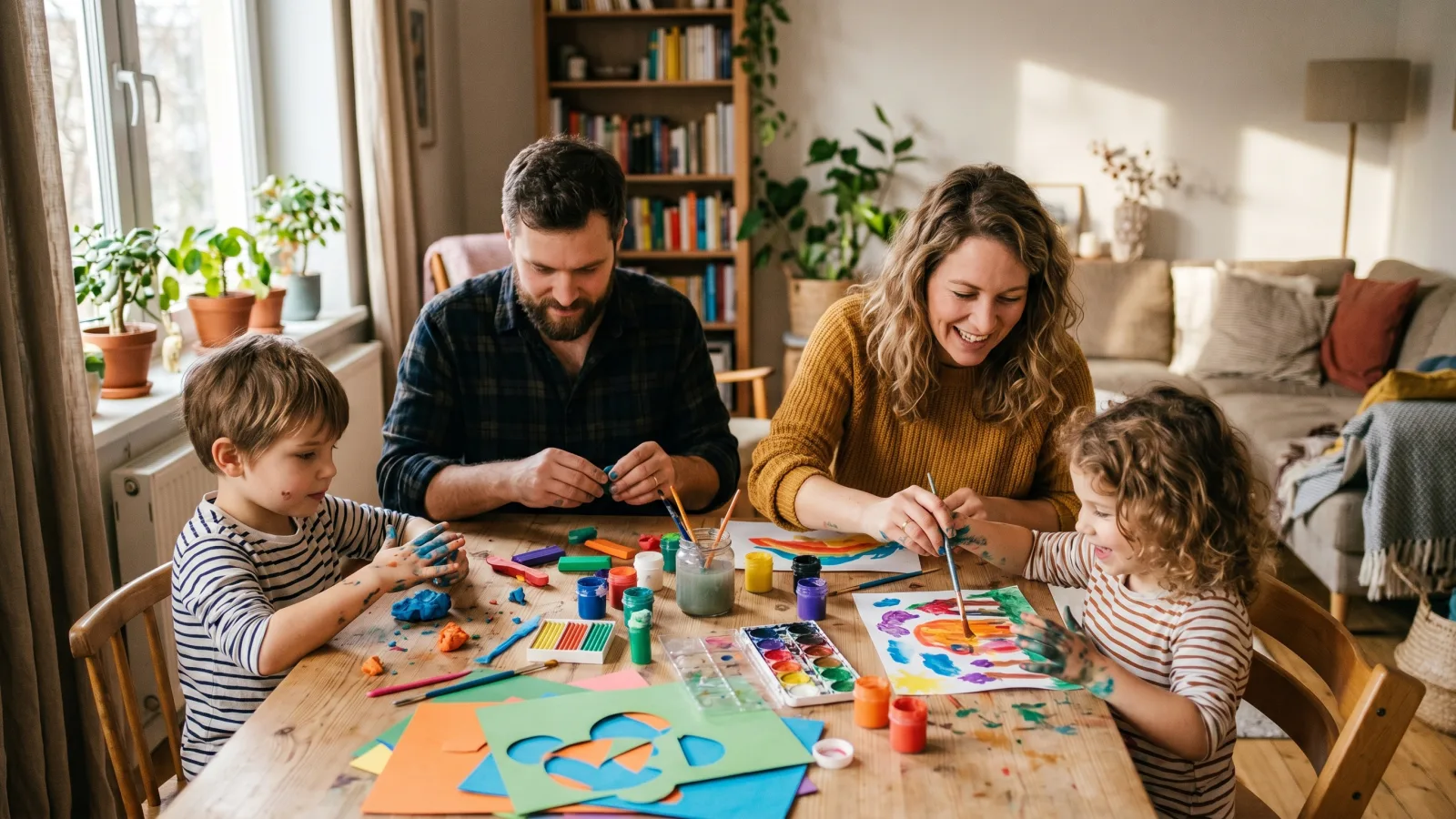 Famille réunie autour d'un atelier de loisirs créatifs