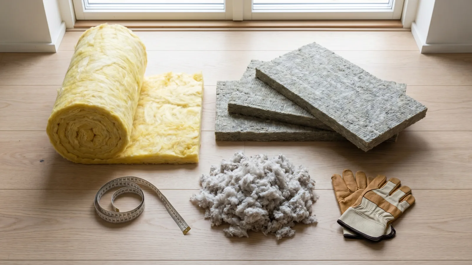 Echantillons de materiaux isolants pour combles : laine de verre, laine de roche, ouate de cellulose