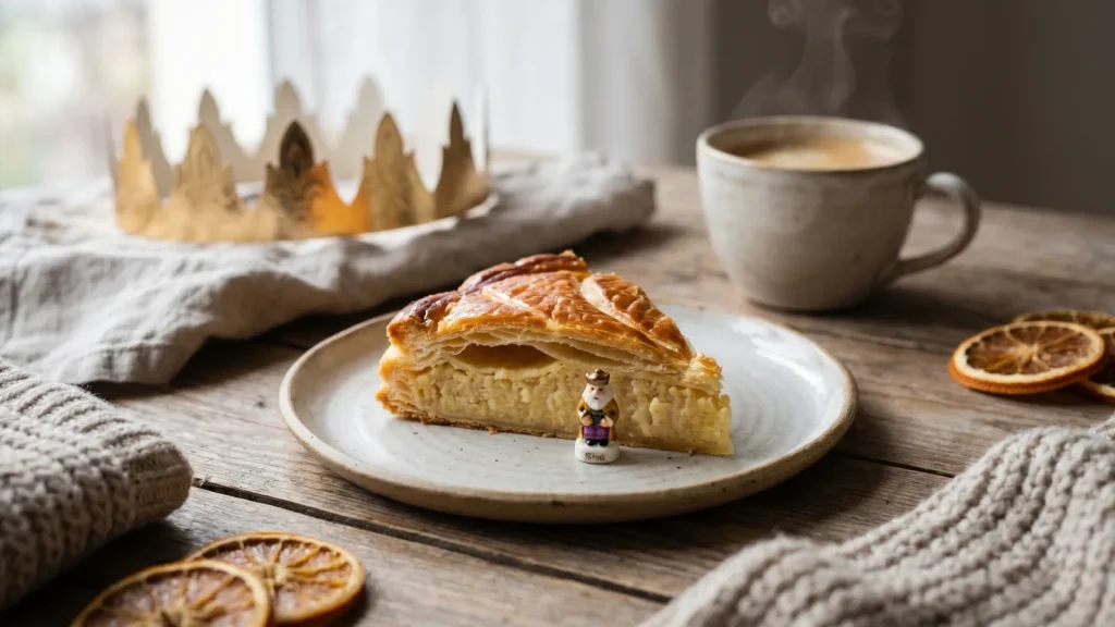 Part de galette des rois montrant la frangipane crémeuse et la fève