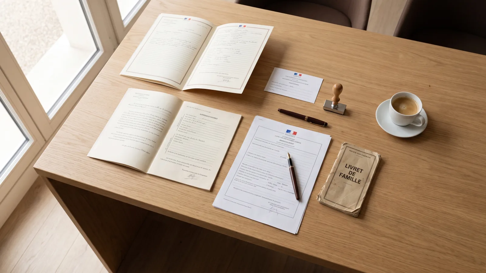 Documents d'état civil et acte de mariage sur un bureau de mairie