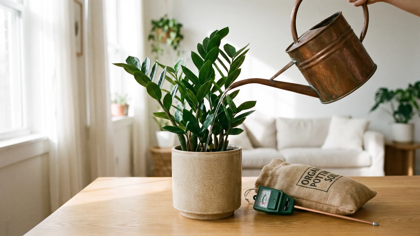 Arrosage d'un zamioculcas avec un arrosoir en cuivre sur une table en bois clair