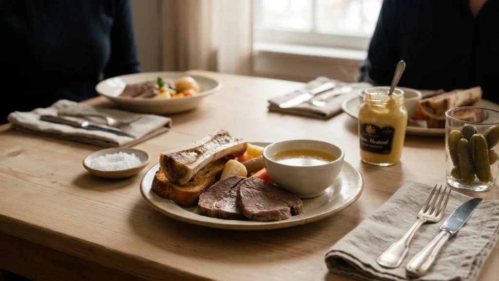 Assiette de pot-au-feu servie avec bouillon, moutarde et cornichons
