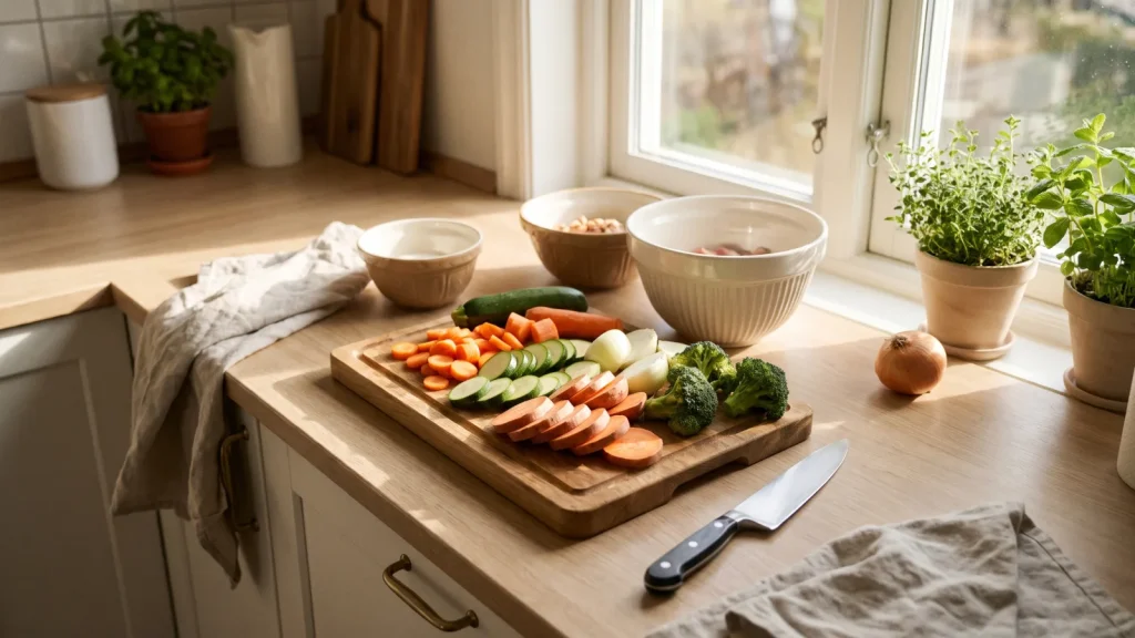 Légumes de saison taillés sur une planche dans une cuisine lumineuse