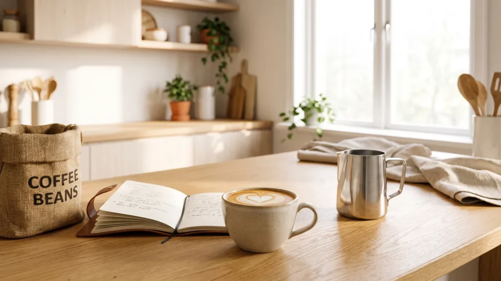 Tasse de cappuccino et sachet de café en grains sur une table en bois