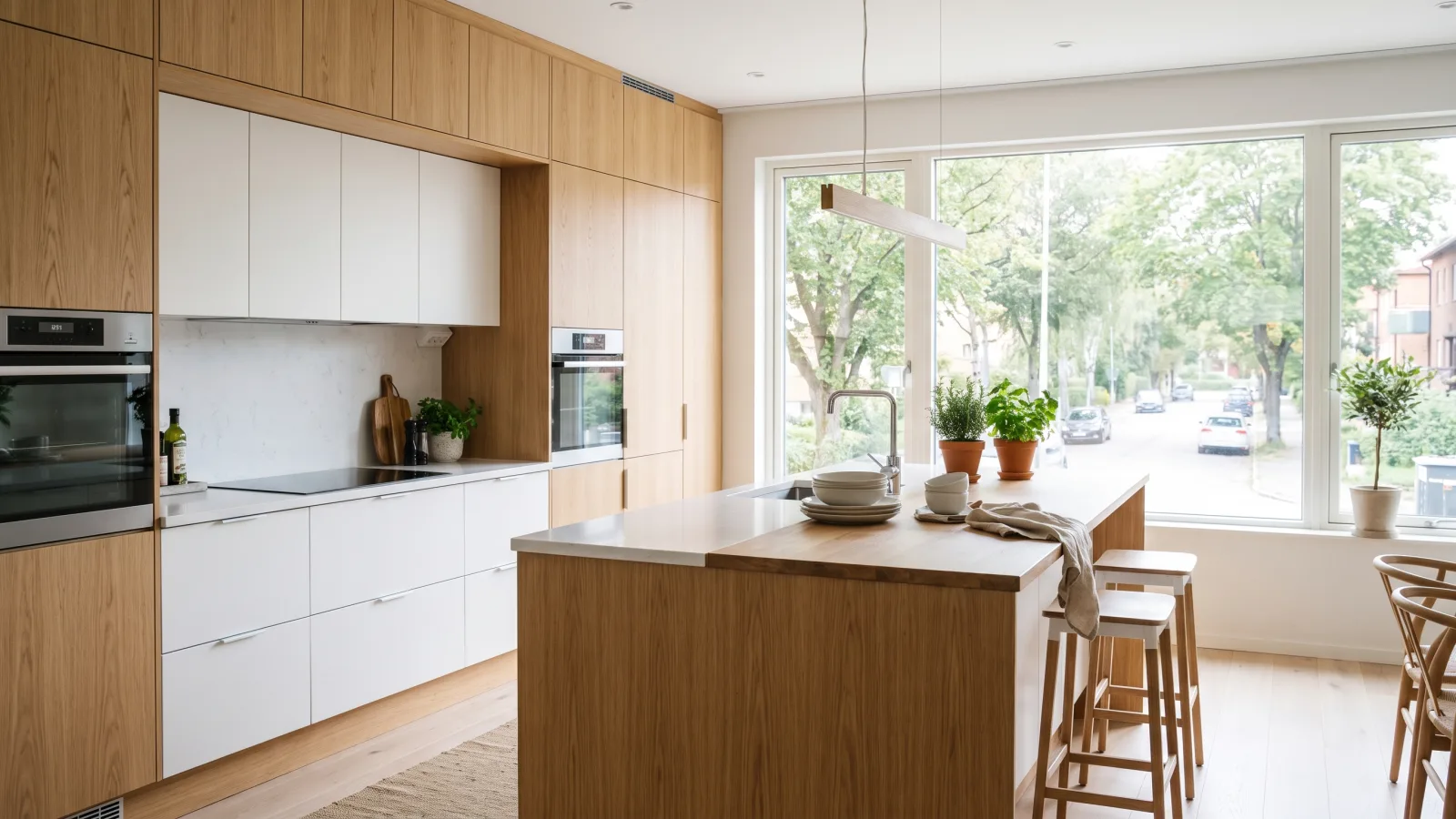 Cuisine équipée moderne et lumineuse avec îlot central et façades en chêne clair