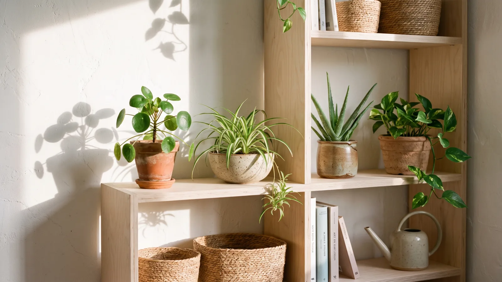 Étagère en bois clair avec pilea, chlorophytum, aloe vera et pothos en pots de terre cuite
