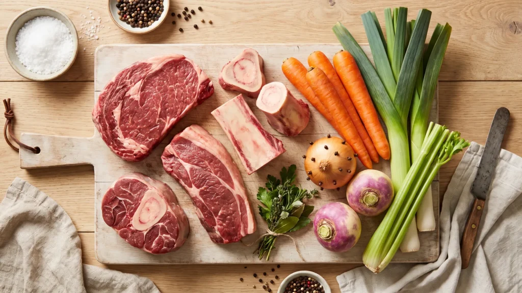 Ingrédients du pot-au-feu : morceaux de bœuf, os à moelle et légumes