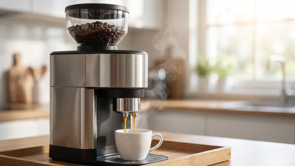 Machine à café à grains extrayant un expresso avec une crème dorée