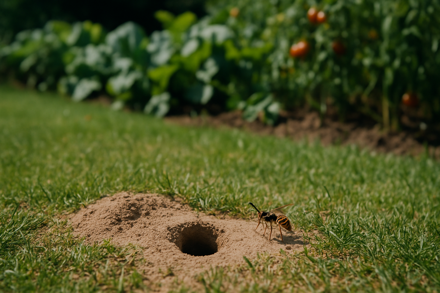 Un trou dans la pelouse, une guêpe fouisseuse près du potager, pourquoi ne pas le reboucher en été